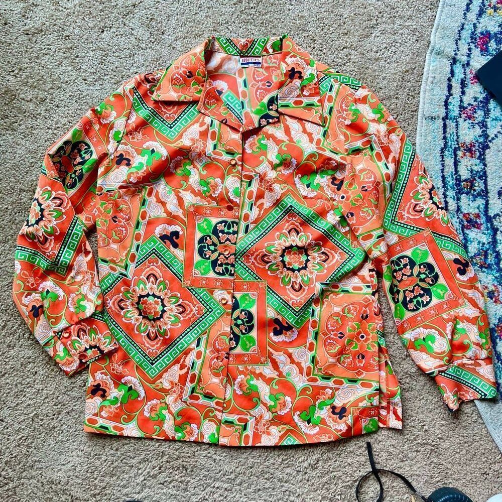 Retro Vintage Orange and Green Paisley Button-down 60s 70s